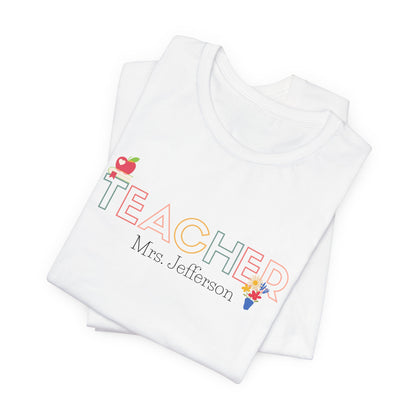 Custom Teacher Outline Lettering Flowers Short Sleeve Tee