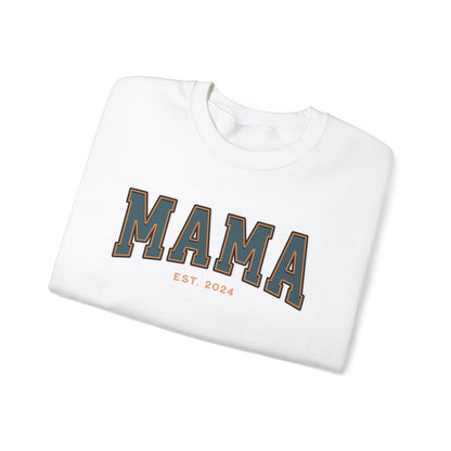 Mama Est 2024 Teal Orange College Letter Sweatshirt