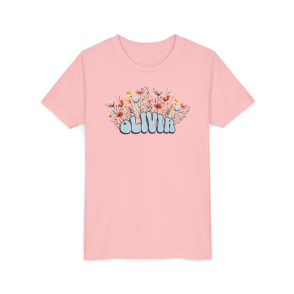 Custom Blue Retro Name Flower Youth Shirt