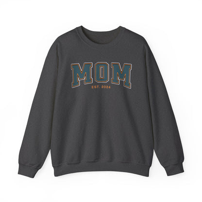 Mom Est 2024 Teal Orange College Letter Sweatshirt