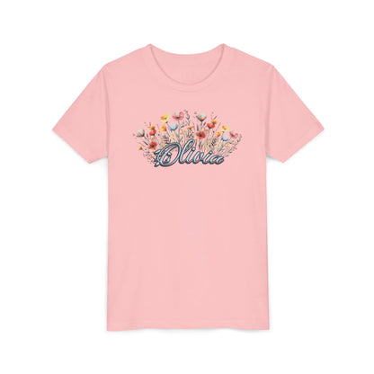 Custom Blue Name Flower Youth Shirt