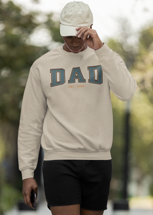 Dad Est 2024 Teal Orange College Letter Sweatshirt