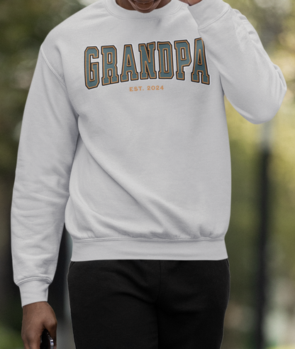 Grandpa Est 2024 Teal Orange College Letter Sweatshirt