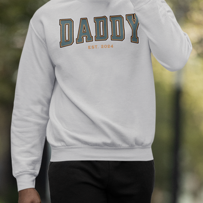 Daddy Est 2024 Teal Orange College Letter Sweatshirt