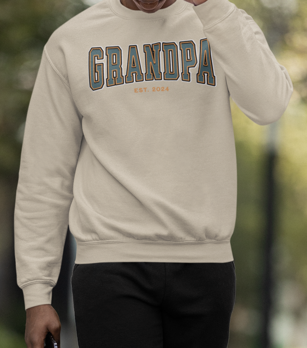 Grandpa Est 2024 Teal Orange College Letter Sweatshirt