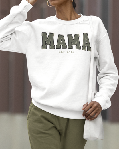 Mama Est 2024 Army Green College Letter Sweatshirt