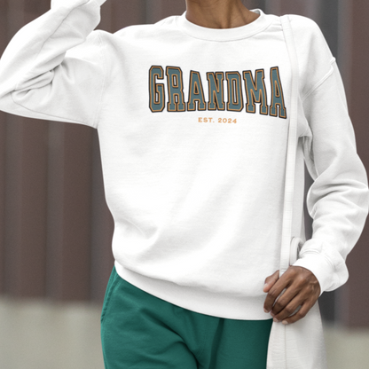 Grandma Est 2024 Teal Orange College Letter Sweatshirt