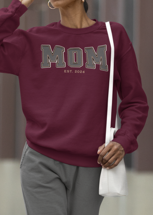 Mom Est 2024 Grey Tan College Letter Sweatshirt