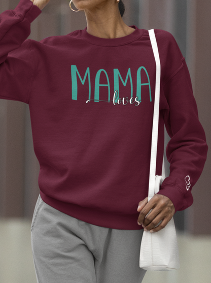 Custom Teal Mama Loves Heart Sleeve Sweatshirt
