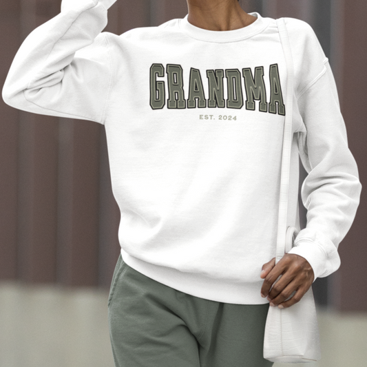 Grandma Est 2024 Army Green College Letter Sweatshirt