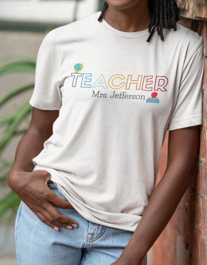 Custom Teacher Outline Lettering Globe Short Sleeve Tee
