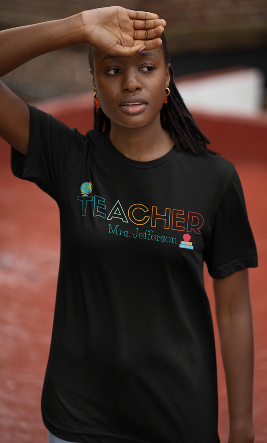 Custom Teacher Outline Lettering Globe Short Sleeve Tee