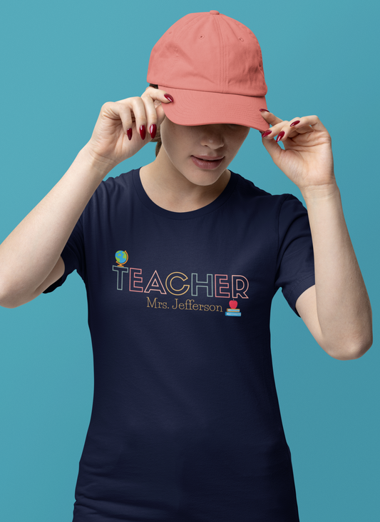 Custom Teacher Outline Lettering Boho Globe Short Sleeve Tee