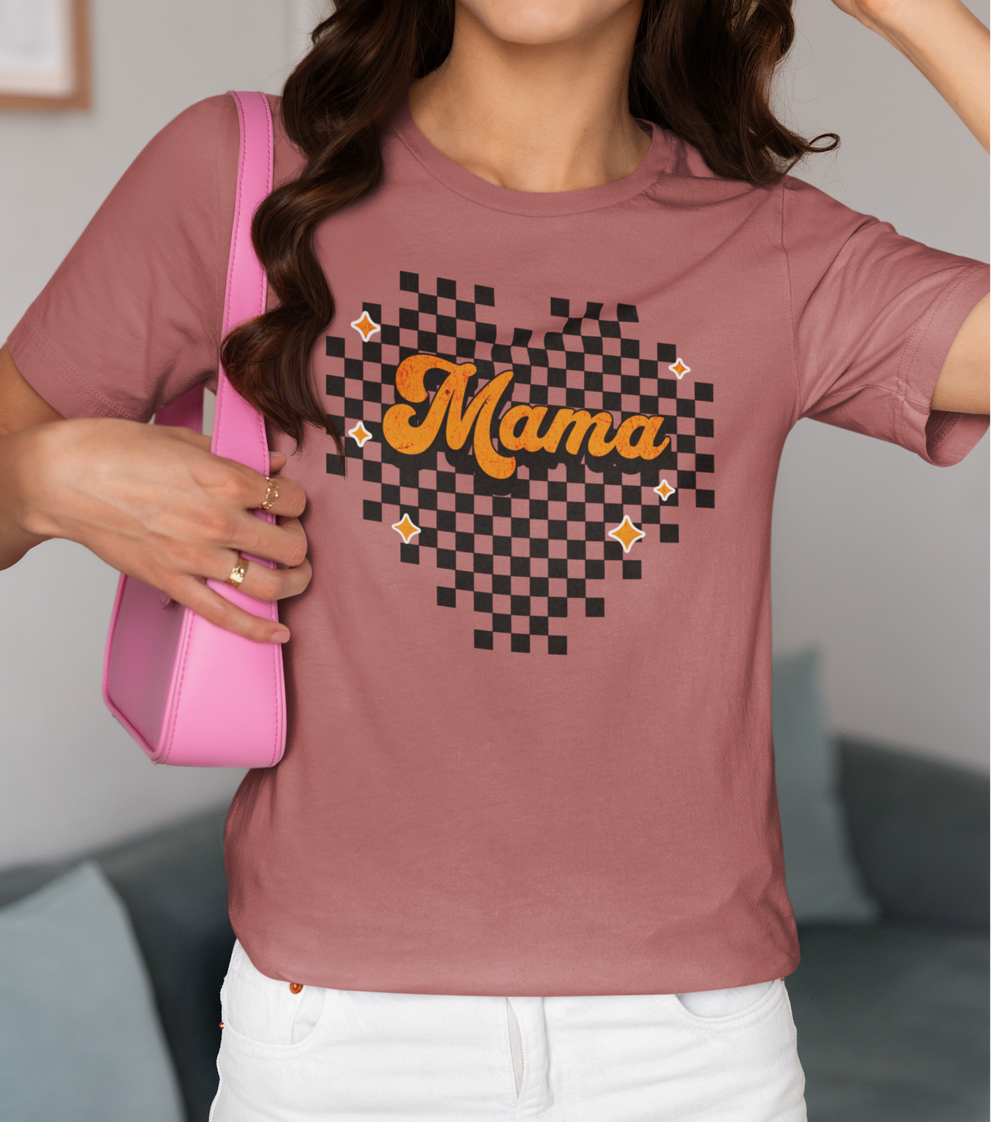 Orange Heart Checkered Mama Short Sleeve Tee