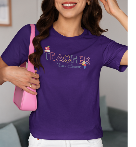 Custom Teacher Outline Lettering Flowers Short Sleeve Tee