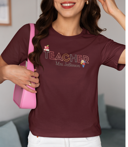 Custom Teacher Outline Lettering Flowers Short Sleeve Tee