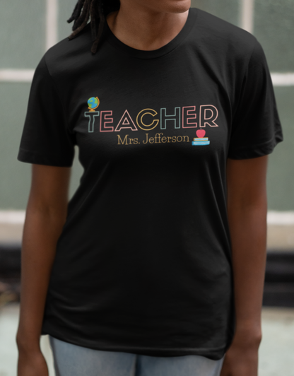 Custom Teacher Outline Lettering Boho Globe Short Sleeve Tee
