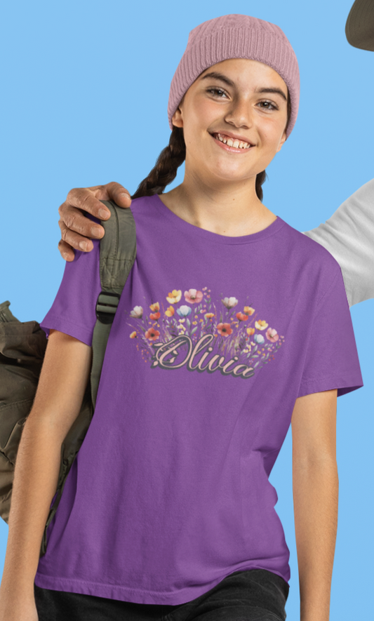 Custom Pink Name Flower Youth Shirt
