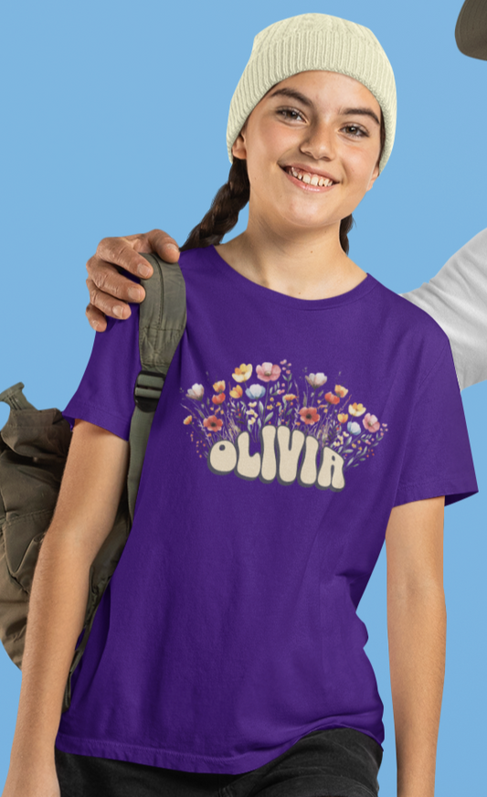 Custom Yellow Retro Name Flower Youth Shirt