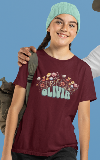 Custom Green Retro Name Flower Youth Shirt