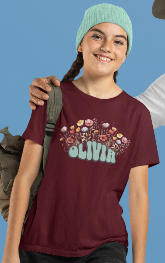 Custom Green Retro Name Flower Youth Shirt