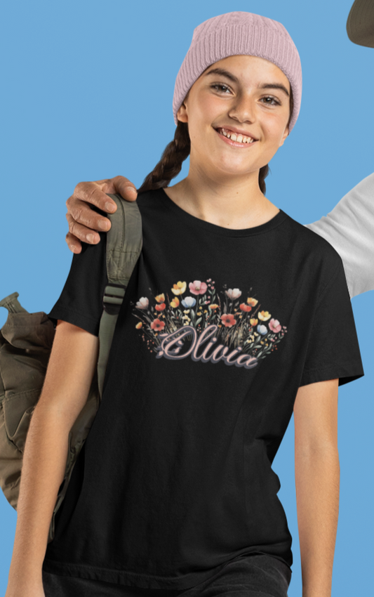 Custom Pink Name Flower Youth Shirt