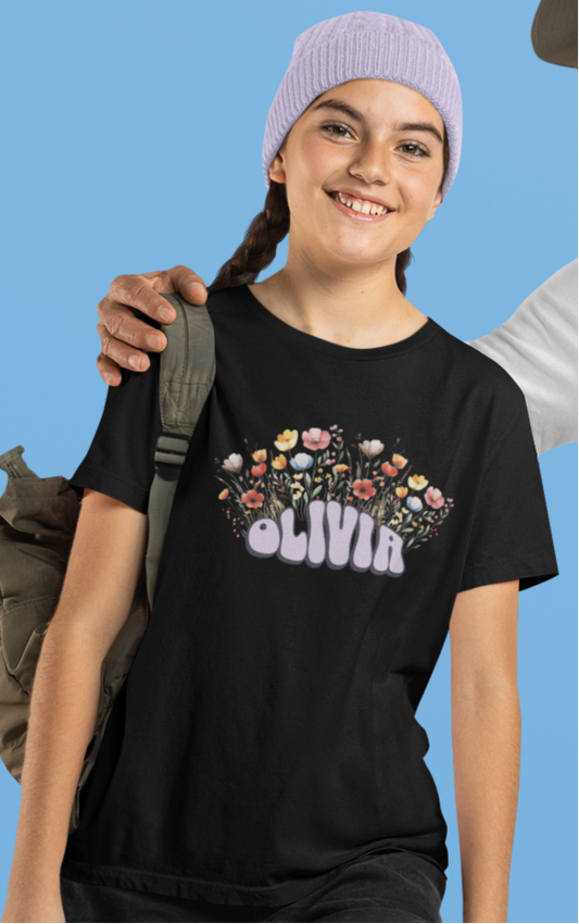 Custom Purple Retro Name Flower Youth Shirt