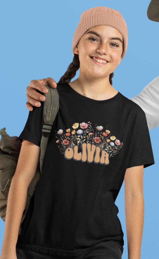 Custom Orange Retro Name Flower Youth Shirt