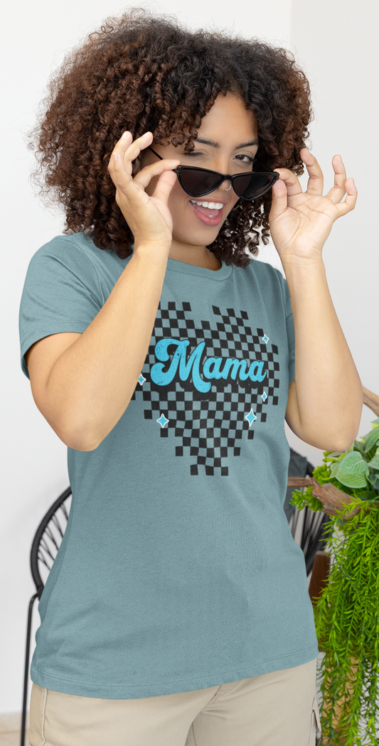 Blue Heart Checkered Mama Short Sleeve Tee