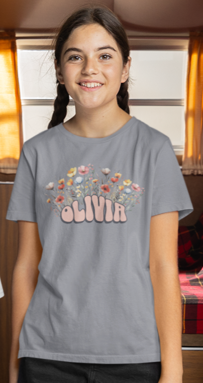 Custom Pink Retro Name Flower Youth Shirt