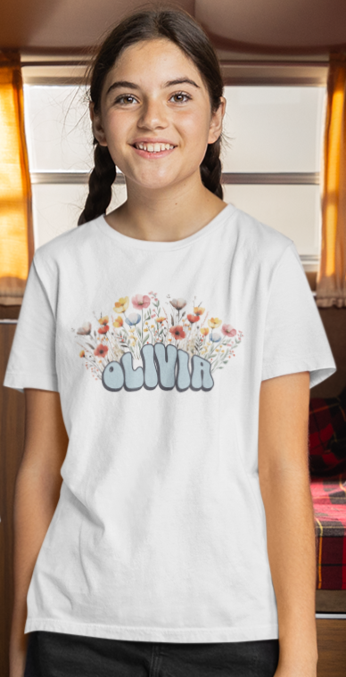 Custom Blue Retro Name Flower Youth Shirt