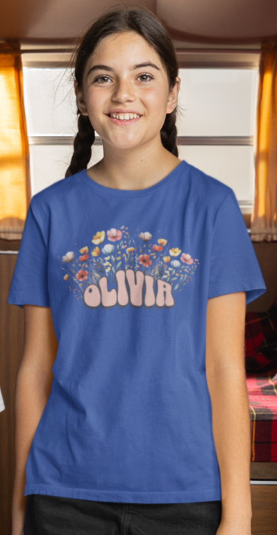 Custom Pink Retro Name Flower Youth Shirt