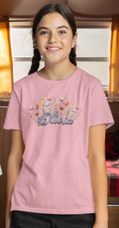 Custom Blue Name Flower Youth Shirt