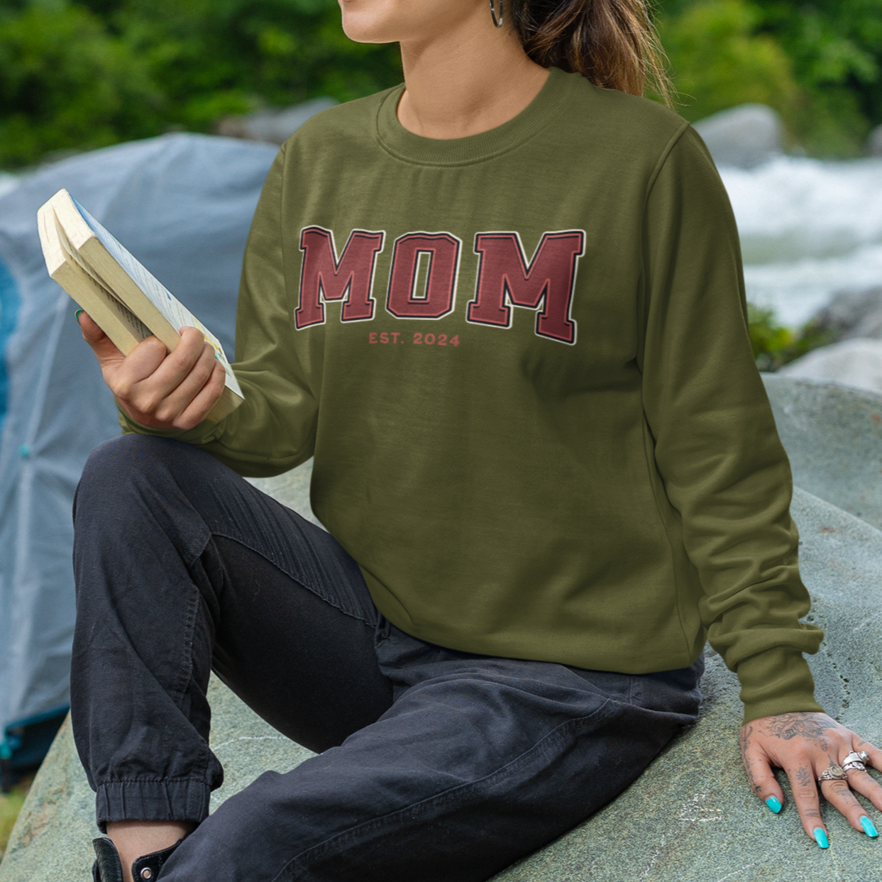 Mom Est 2024 Red College Letter Sweatshirt