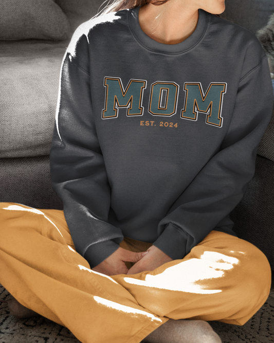 Mom Est 2024 Teal Orange College Letter Sweatshirt