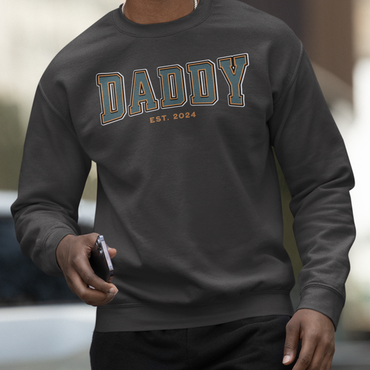 Daddy Est 2024 Teal Orange College Letter Sweatshirt