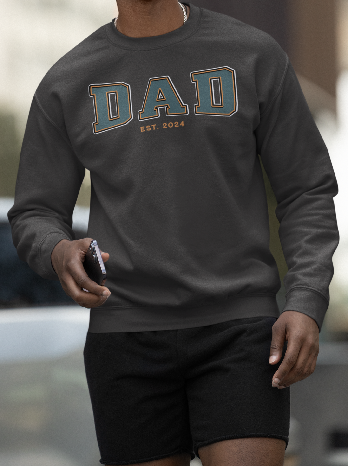 Dad Est 2024 Teal Orange College Letter Sweatshirt