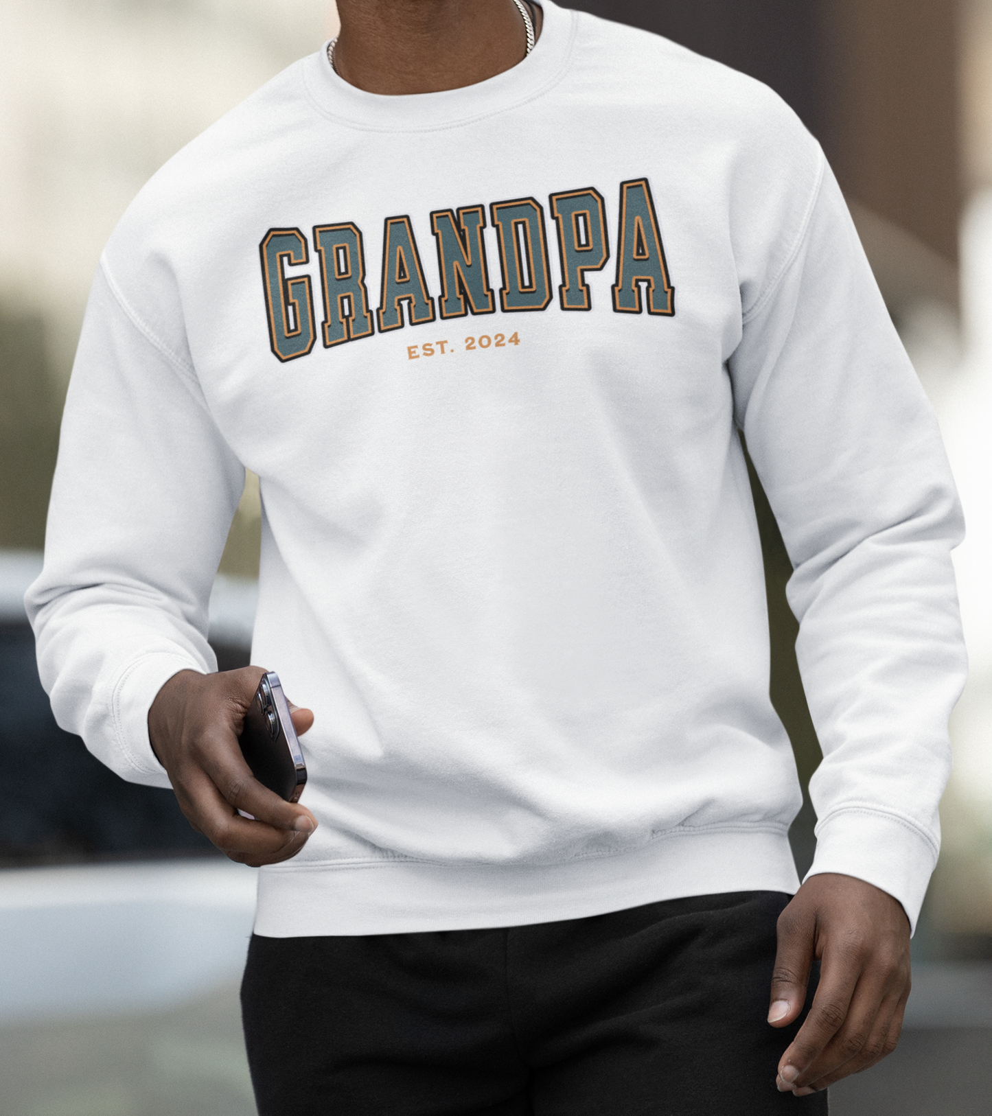 Grandpa Est 2024 Teal Orange College Letter Sweatshirt
