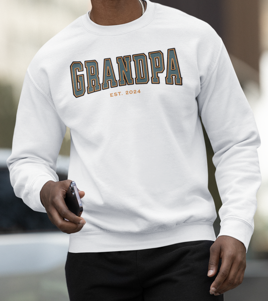 Grandpa Est 2024 Teal Orange College Letter Sweatshirt