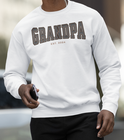 Grandpa Est 2024 Grey Tan College Letter Sweatshirt
