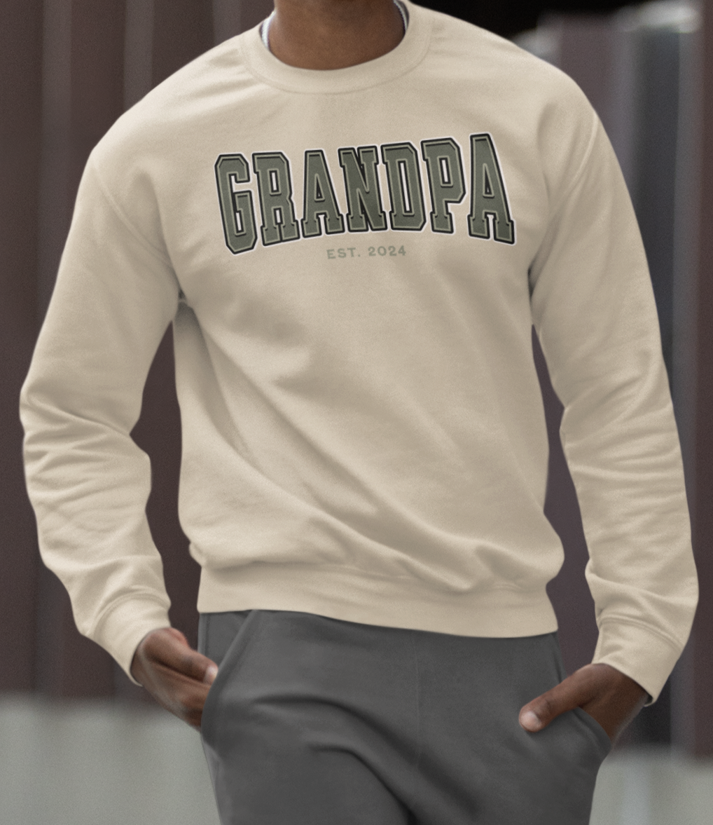 Grandpa Est 2024 Army Green College Letter Sweatshirt