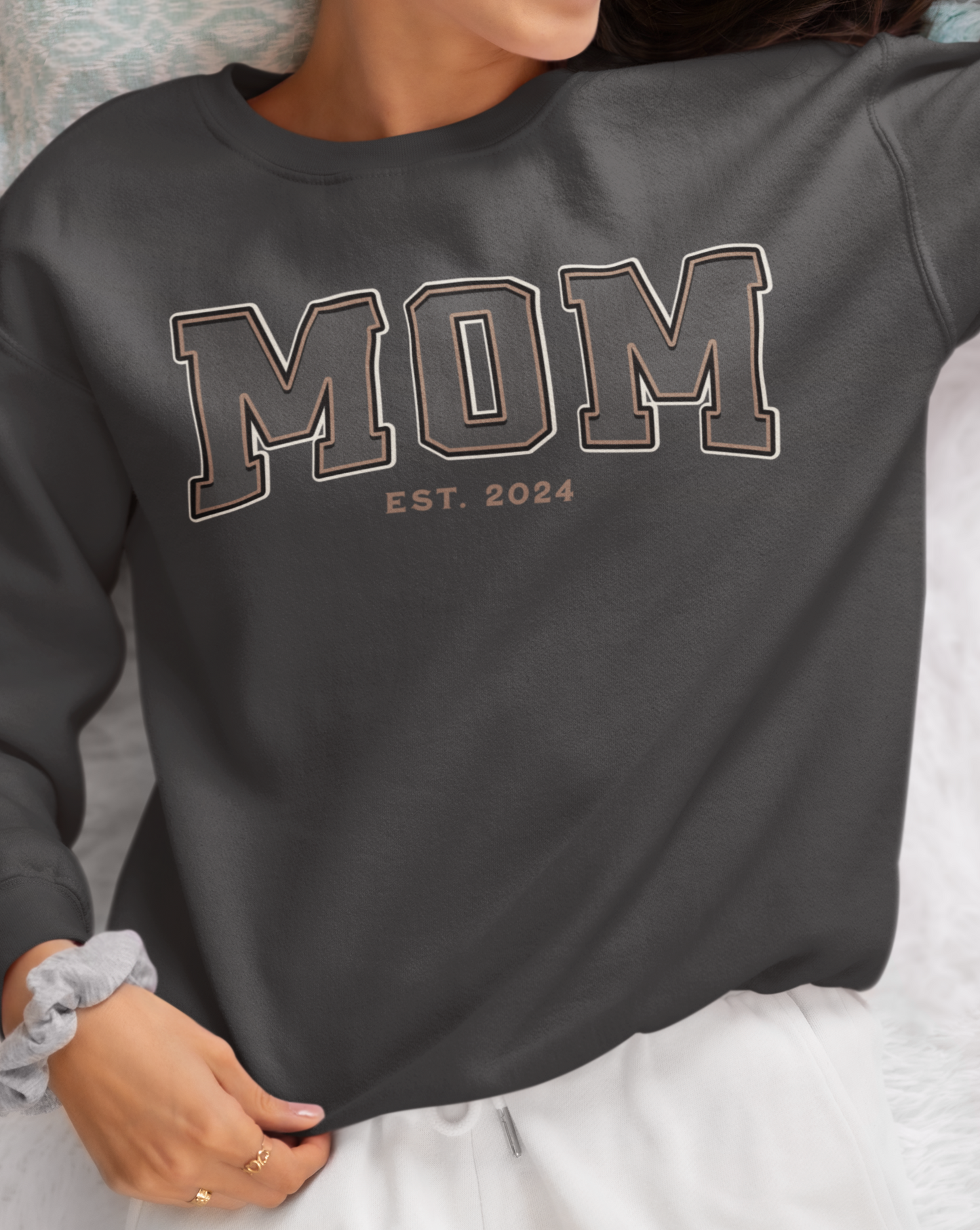 Mom Est 2024 Grey Tan College Letter Sweatshirt