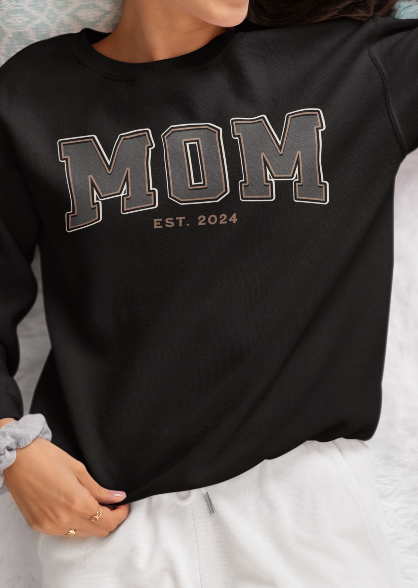 Mom Est 2024 Grey Tan College Letter Sweatshirt
