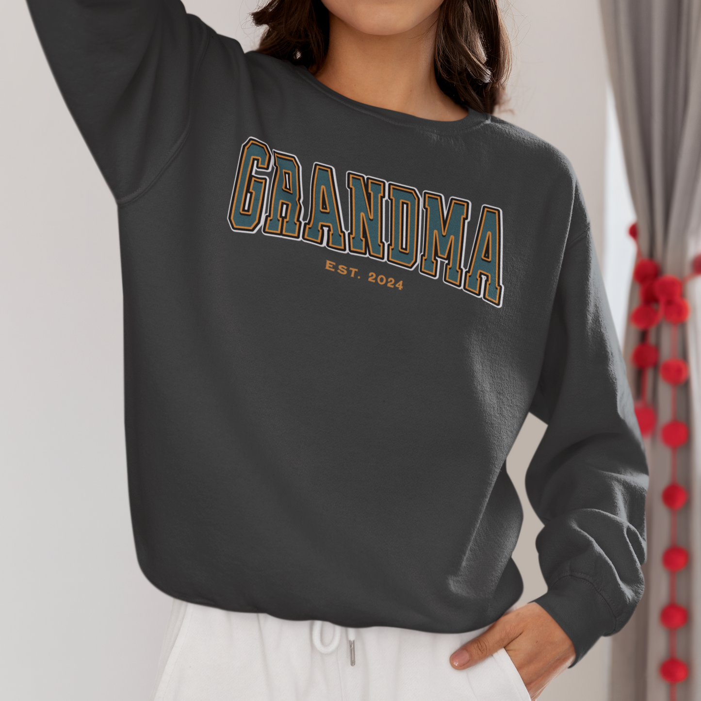 Grandma Est 2024 Teal Orange College Letter Sweatshirt