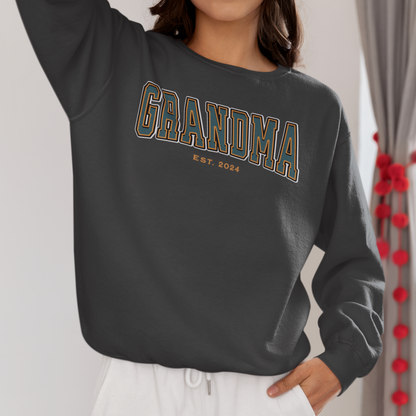 Grandma Est 2024 Teal Orange College Letter Sweatshirt