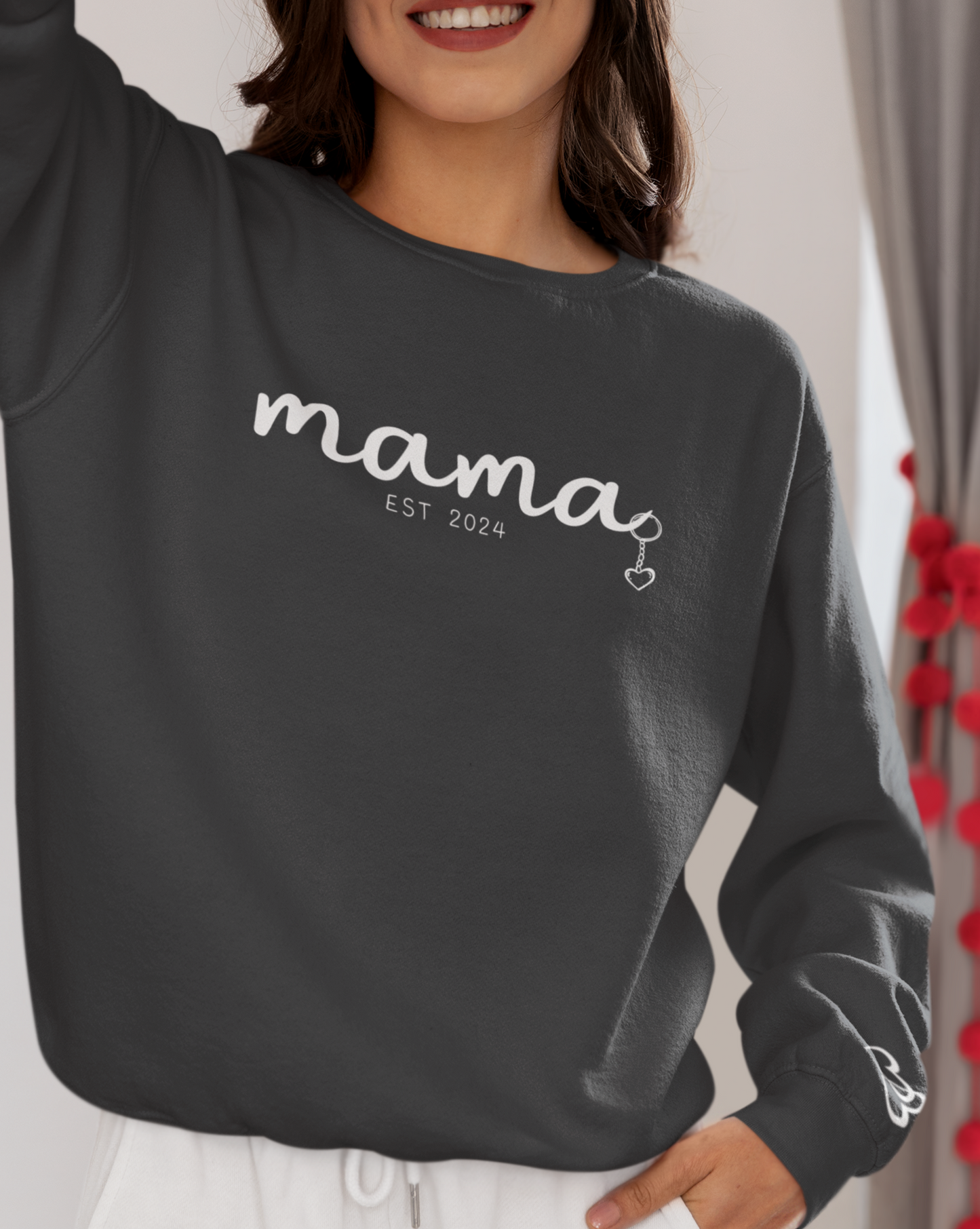 Custom Mama Est 2024 Heart Key Chain Sleeve Sweatshirt