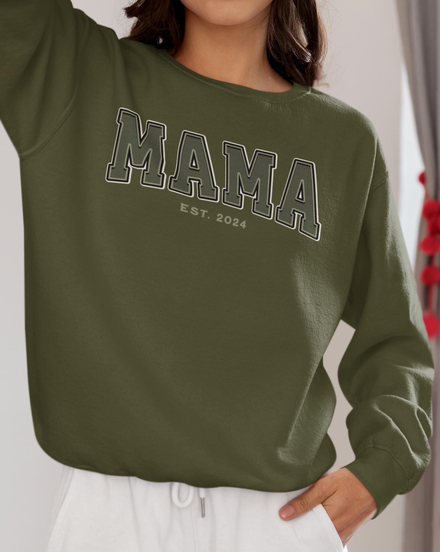Mama Est 2024 Army Green College Letter Sweatshirt