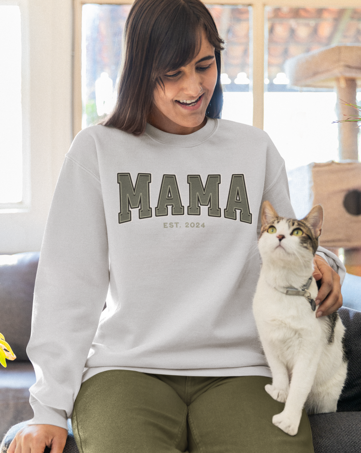 Mama Est 2024 Army Green College Letter Sweatshirt