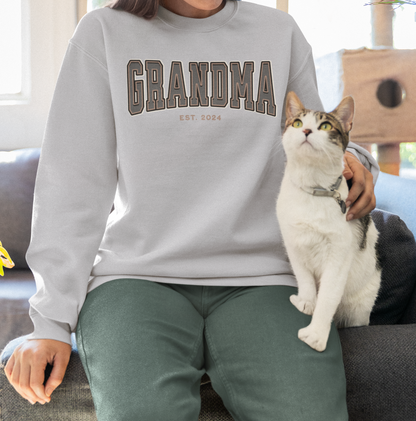 Grandma Est 2024 Grey Tan College Letter Sweatshirt