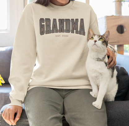 Grandma Est 2024 Grey Tan College Letter Sweatshirt